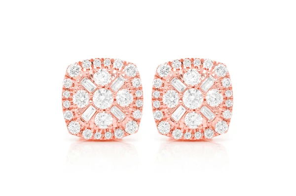 Baguette Flower Stud Diamond Earrings 14k Solid Gold 1.00ctw