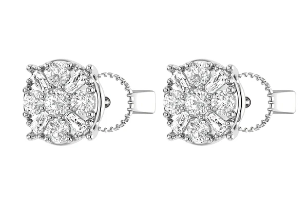Baguette Round Cluster Stud Earrings 14k   