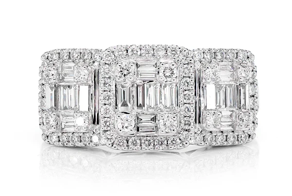 Baguette And Round Diamond Three Stone Cluster Ring 14k Solid Gold 1.00ctw