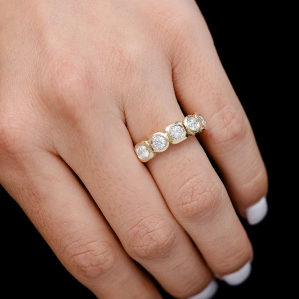 Five Stone Round And Square Bezel Set Band Ring 14k Solid Gold 0.95ctw 