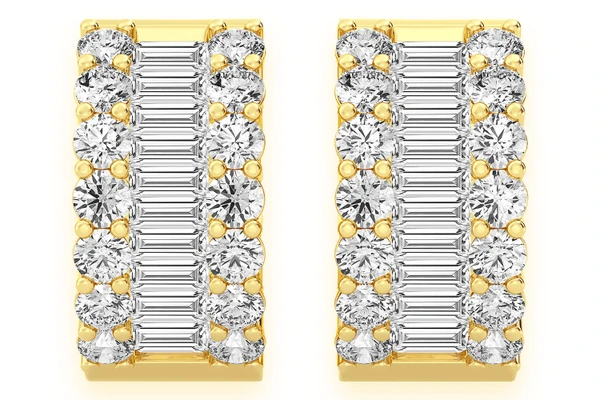 Baguette & Round Hoop Diamond Earrings 14k Solid Gold 2.00ctw