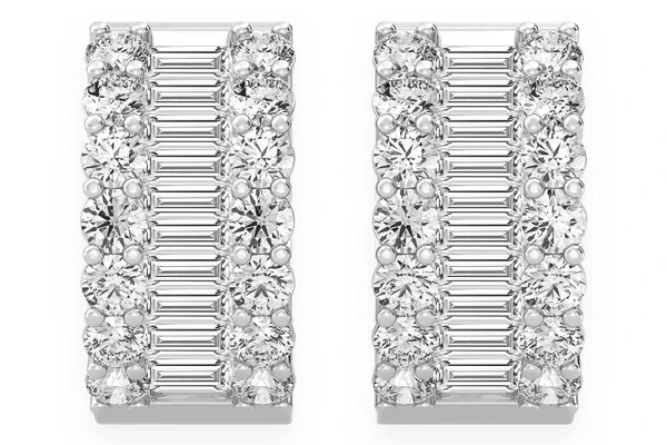 Baguette & Round Hoop Diamond Earrings 14k Solid Gold 2.00ctw
