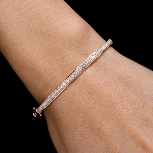 Diamond Three Row Pave Bangle Bracelet 14k Solid Gold 1.05ctw