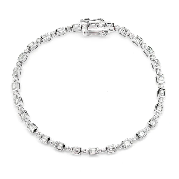 Diamond Baguette And Round Bezel Alternating Link Bracelet 14k Solid Gold 1.20ctw