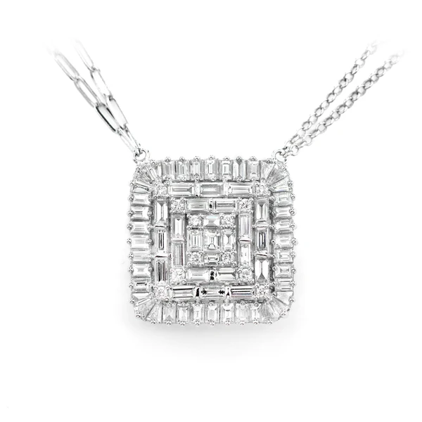 Three Layer Baguette Square Layer Pendant Attached With Dual Chain Necklace 14k Solid Gold 4.05ctw