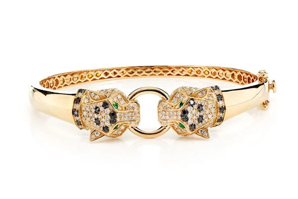 Dual Headed Leopard Diamond Cuff Bracelet 14k Solid Gold 0.80ctw