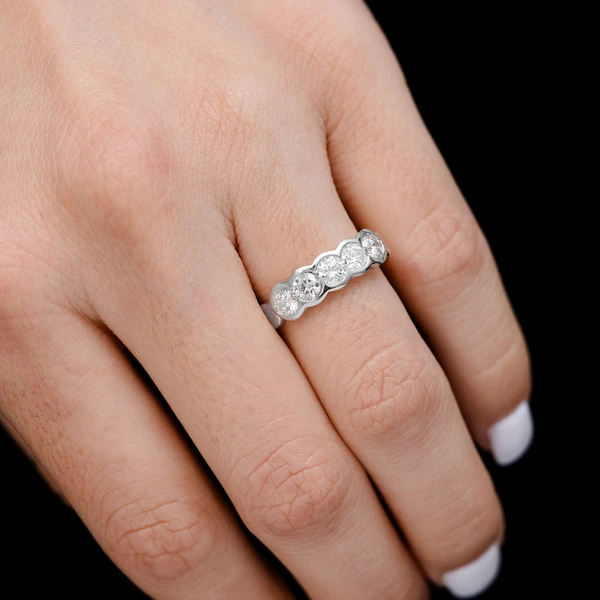 Five Stone Diamond Bezel Scallop Band Ring 14k Solid Gold 1.00ctw 