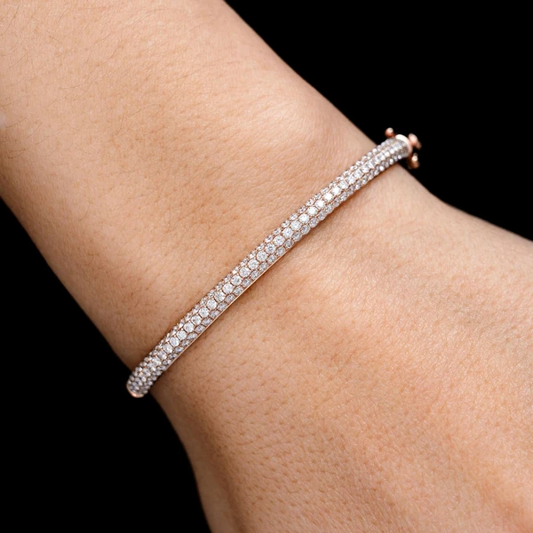 Diamond Three Row Pave Bangle Bracelet 14k Solid Gold 1.95ctw