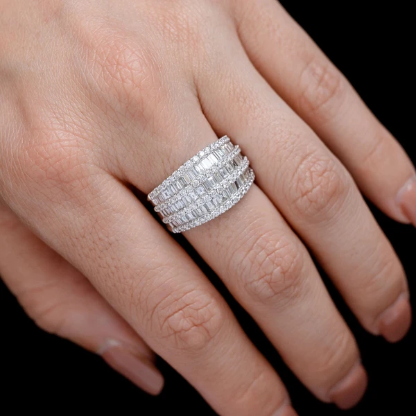 Tapered Three Row Baguette And Round Diamond Ring 14k Solid Gold 2.35ctw 