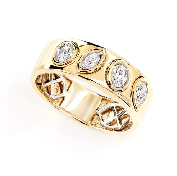 Alternating Multi Shape Diamond Bezel Band Ring 14k Solid Gold 0.40ctw