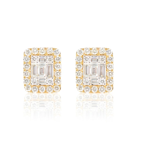 Halo Diamond Baguette Stud Earrings 14k Solid Gold 0.70ctw