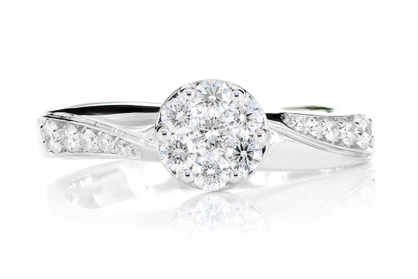 0.50ctw Round Cluster Tapered Split Shank Diamond Engagement Ring 14k Solid Gold - All Natural 