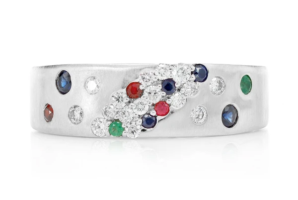 Scattered Cluster Multi Gem And Diamond Band Ring 14k Solid Gold 0.35ctw