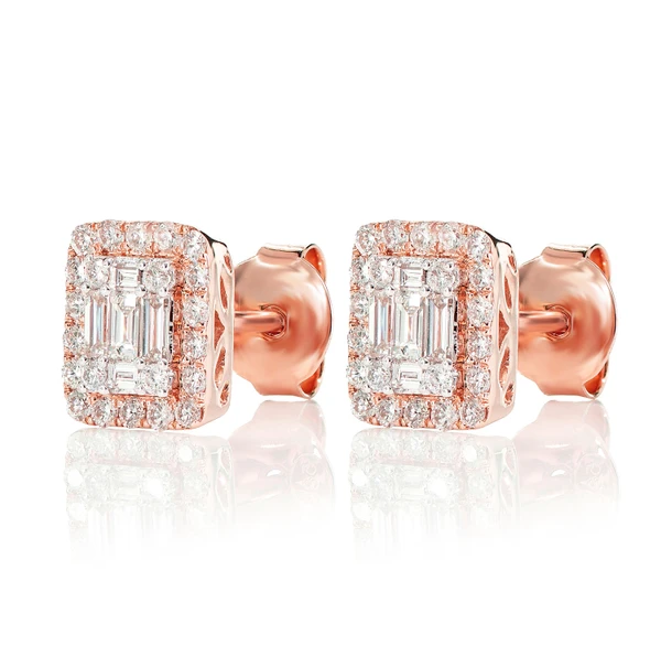 Halo Diamond Baguette Stud Earrings 14k Solid Gold 0.70ctw