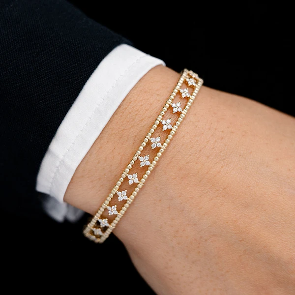 Diamond Beaded Open Four Petal Flex Bangle Bracelet 0.65ctw 14k Solid Gold 