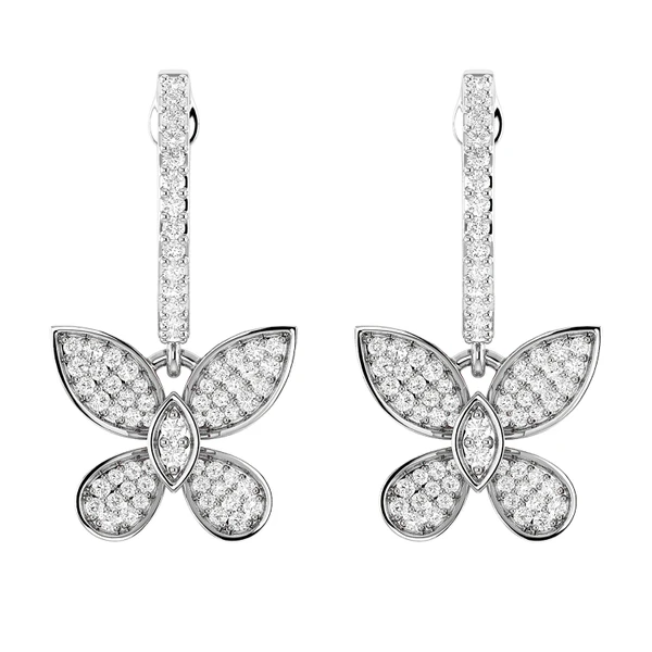 Butterfly Dangling Diamond Hoop Earrings 14k Solid Gold 0.45ctw