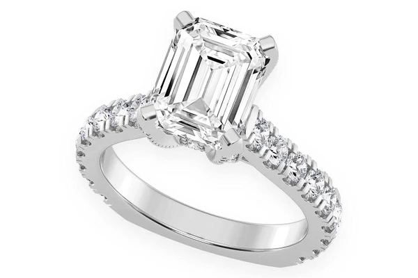 Thinn - Emerald Cut One Row Under Halo Diamond Ring 14k Solid Gold 3.00ctw