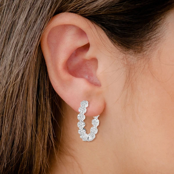 Diamond Flower Inside Outside Hoop Earrings 14k Solid Gold 2.00ctw