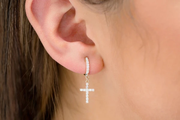 Cross Dangling Hoop Diamond Earrings 14k Solid Gold 0.40ctw