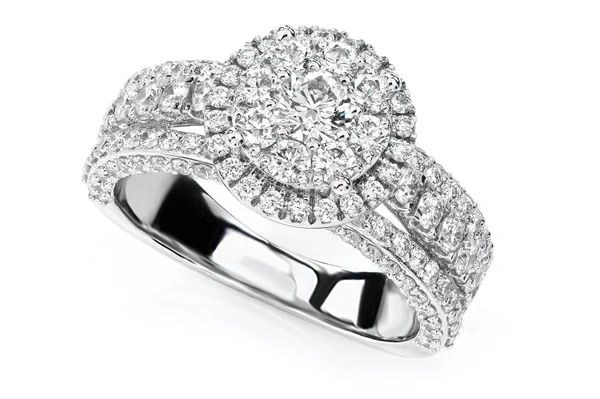 2.25ctw Double Halo Three Row Deluxe Diamond Engagement Ring- 14k Solid Gold - All Natural