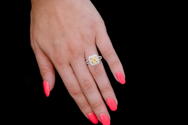 1.50ct Cushion Cut Yellow Diamond - Double Halo- Diamond Engagement Ring - All Natural