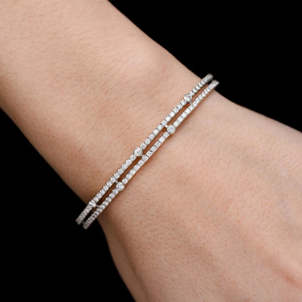 Two Row Scattered Bezel Flex Bangle Bracelet 14k Solid Gold 1.55ctw