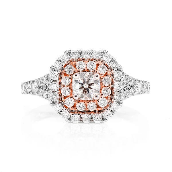 Double Halo Split Shank Diamond Engagement Ring - All Natural - 14k Solid Gold - 1.05ctw