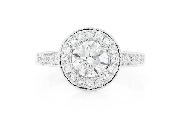 1.00ct Round Solitaire - Milgrain Halo Ring - Engagement Ring - Natural Diamonds