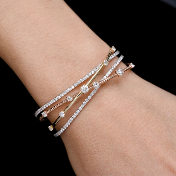 Tri Tone Four Row Scattered Diamond Twist Bangle Bracelet 14k Solid Gold 3.75ctw