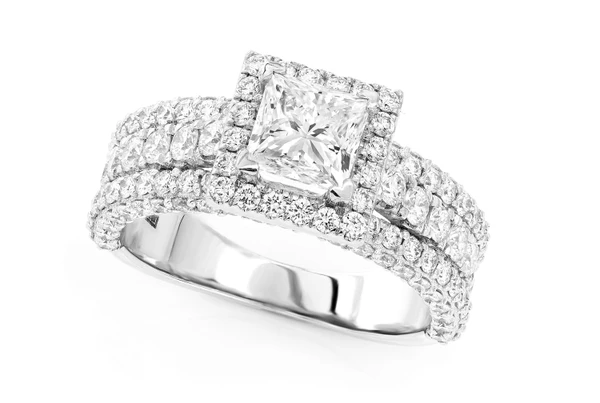 Princess Halo Three Row Diamond 14k Solid Gold 2.50ctw 