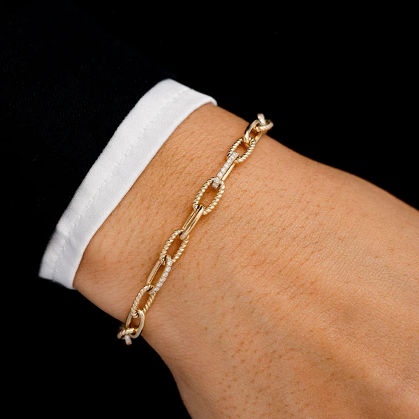 Diamond Pave Enlongated Rolo Link Bracelet 14k Solid Gold 0.70ctw