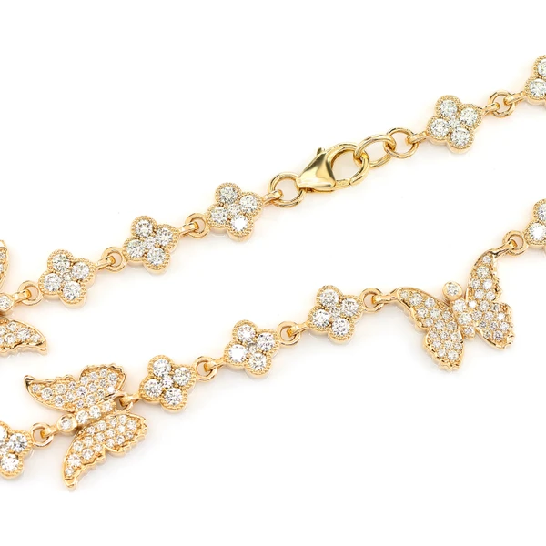 Butterfly Clover Diamond Station Chain 14k Solid Gold 7.20ctw
