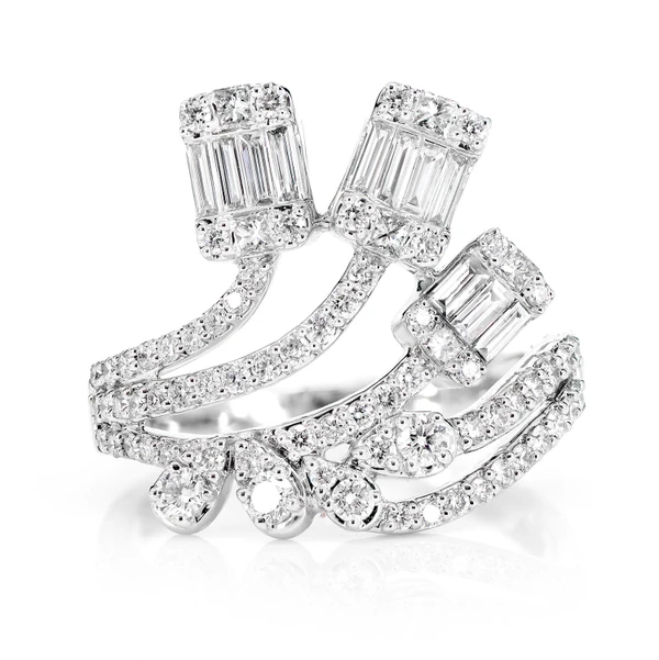 Diamond Baguette Cluster Wave Ring 14k Solid Gold 1.00ctw