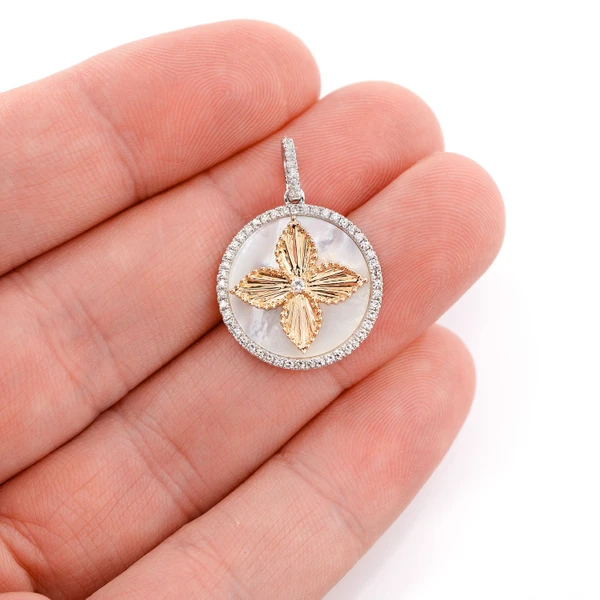 Mother Of Pearl And Diamond Four Petal Flower Disc Pendant 14k Solid Gold 3.71ctw