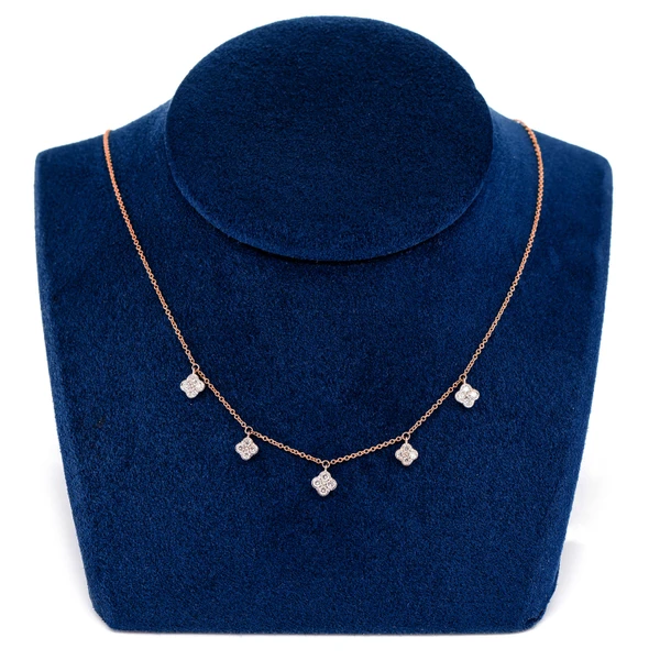 Five Station Milgrain Clover Diamond Dangle Necklace 14k Solid Gold 0.35ctw