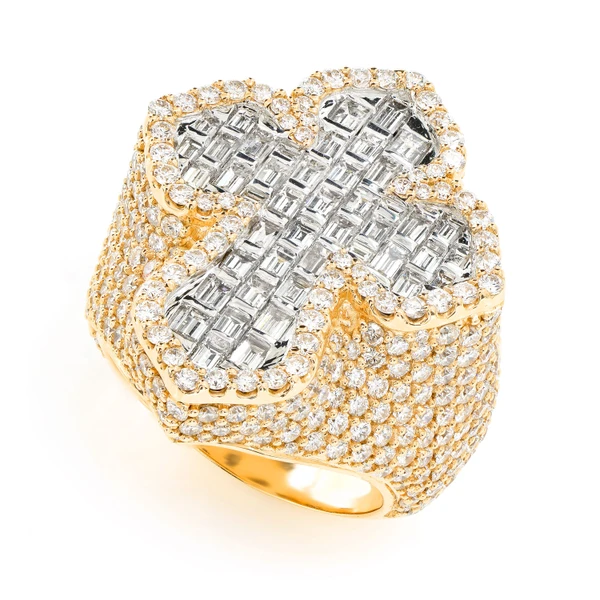 Deluxe Baguette Border Diamond Cross Signet Ring 14k Solid Gold 9.00ctw