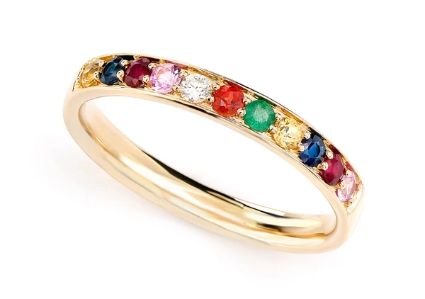 Multi-Colored Gemstone & Diamond Band 14k Solid Gold 0.30ctw