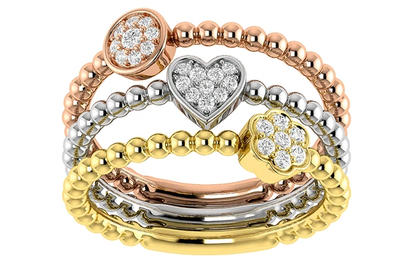 3 Row Beaded Diamond Ring 14k Solid Gold 0.20ctw