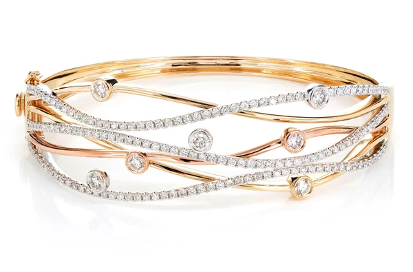 Tri Tone Six Row Scattered Bezel Diamond Twist Bangle Bracelet 14k Solid Gold 2.40ctw
