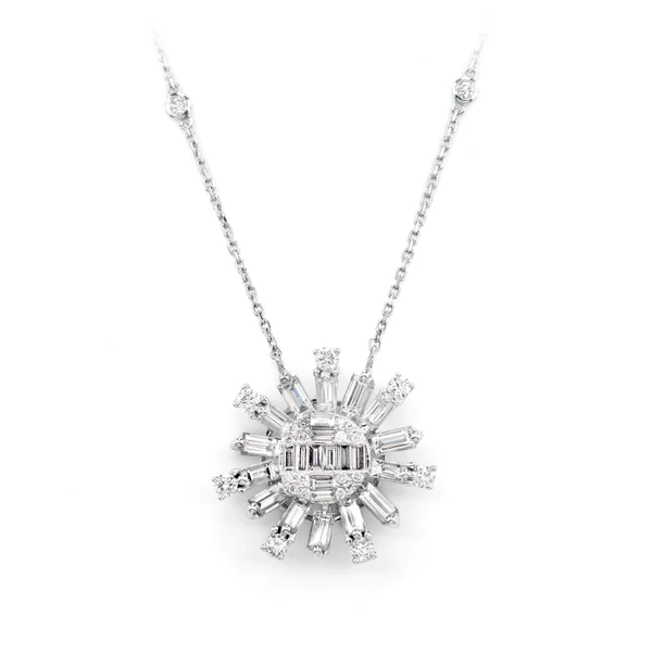 Diamond Baguette Sunburst Pendant Attached Necklace 14k Solid Gold 1.90ctw