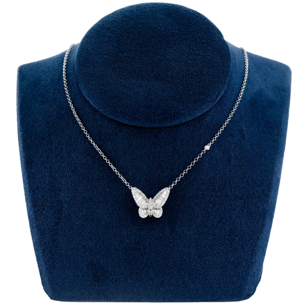 Baguette And Round Butterfly Diamond Pendant Attached Necklace 14k Solid Gold 0.83ctw