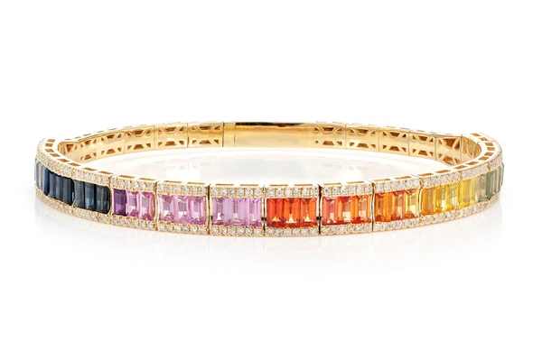 Rainbow Sapphire And Diamond Flex Bangle Bracelet 14k Solid Gold 7.10ctw