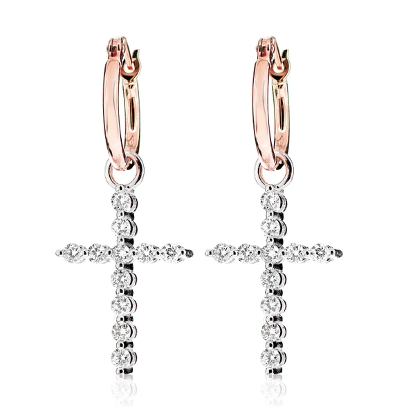 Plain Hoops Dangling Diamond Cross Earrings 14k Solid Gold 0.55ctw