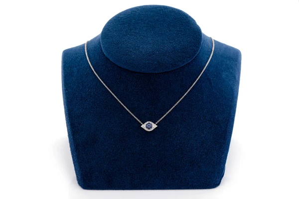 Evil Eye Sapphire & Diamond Necklace 14k Solid Gold 0.20ctw