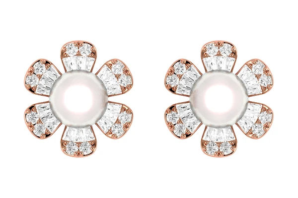 Pearl Diamond Daisy Stud Earrings 14k Solid Gold 0.30ctw