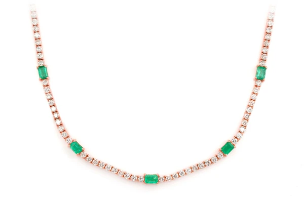 Diamond Tennis Necklace With Emerald Gemstones 14k Solid Gold 5.90ctw