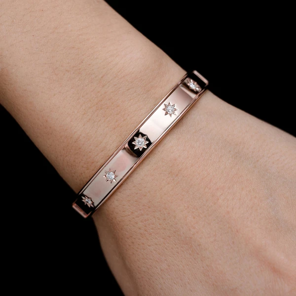 Satin Diamond Star Bangle Bracelet 14k Solid Gold 0.40ctw