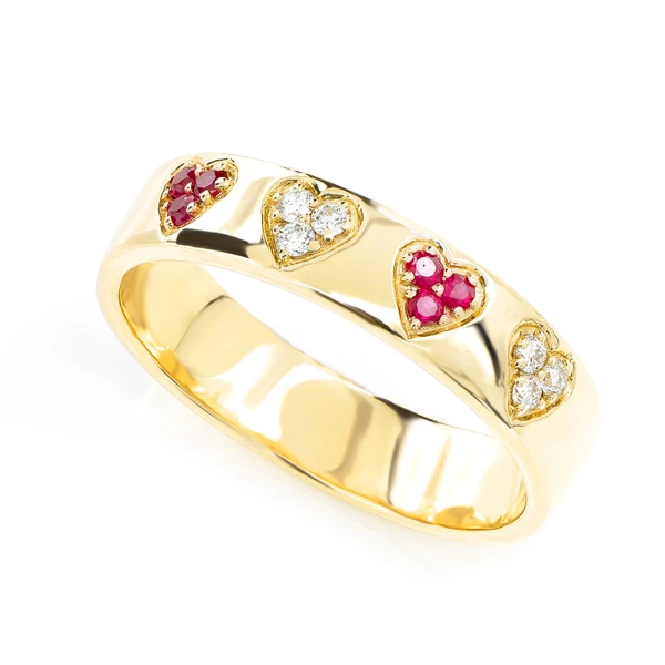 Ruby And Diamond Cluster Heart Band Ring 14k Solid Gold 0.12ctw