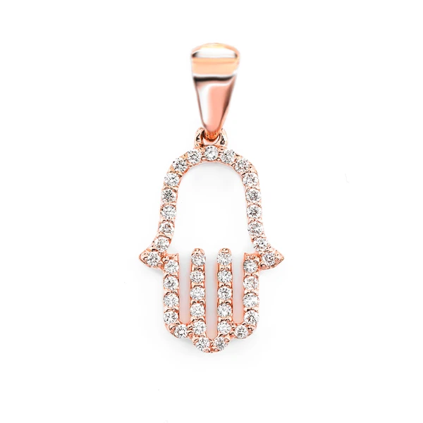 Open Diamond Hamsa Pendant 14k Solid Gold 0.15ctw