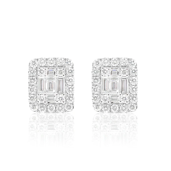Halo Diamond Baguette Stud Earrings 14k Solid Gold 0.70ctw